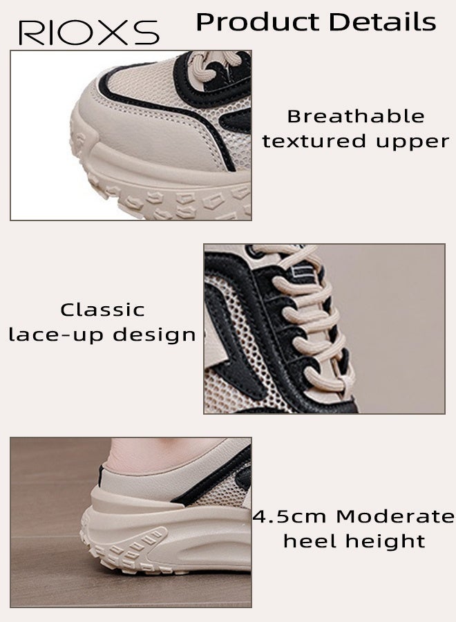 RIOXS Women's Comfort Shoes, Platform Slip On Sneakers for Women, Brethable Mesh Casual Shoes, Ladies Classic Closed Round Toe Slides, Fashion Half Slippers for Female, Chunky Mule Sneakers, Lace-Up Orthopedic Slip-Ons, Non-slip Walking Backless Shoes, Comfy Mule for Shopping Dating Work Daily Wear, Trendy 4.5cm Thick Sole Mules - Image 4